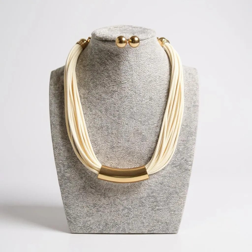 White Multi Cord Gold Tone Tube Pendant Necklace And Post Earring Set